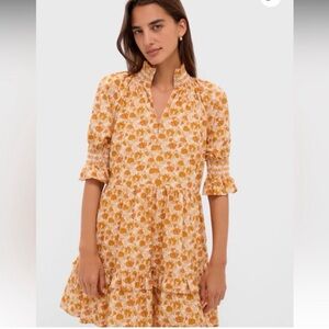 Smocked Ruffle-Trim Floral Mini Dress in Mustard